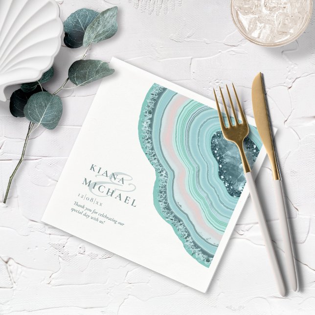 Agate Geode Glitter Corner Wedding Teal ID647 Napkin (Creator Uploaded)