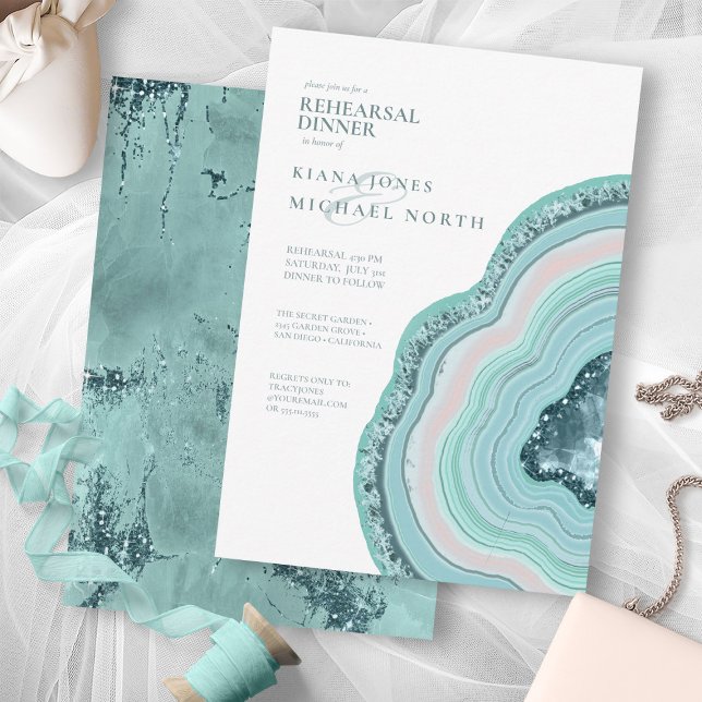 Agate Geode Glitter Rehearsal Dinner Teal ID647 Invitation (Front/Back In Situ)