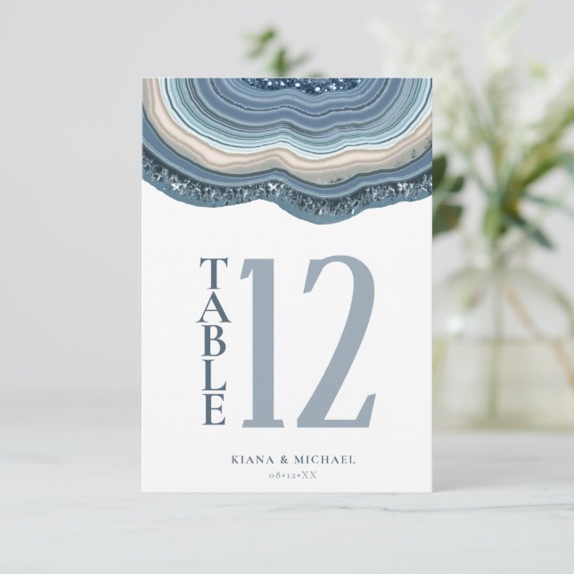 Agate Geode Glitter Table Number Dusty Blue ID647 (Standing Front)