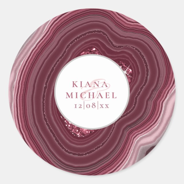 Agate Geode Glitter Wedding Burgundy ID647 Classic Round Sticker (Front)