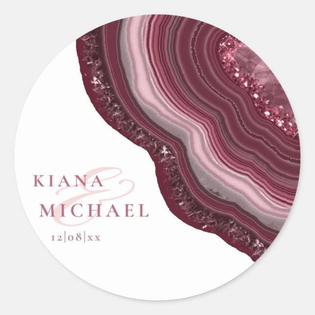 Agate Geode Glitter Wedding Burgundy ID647 Classic Round Sticker (Front)