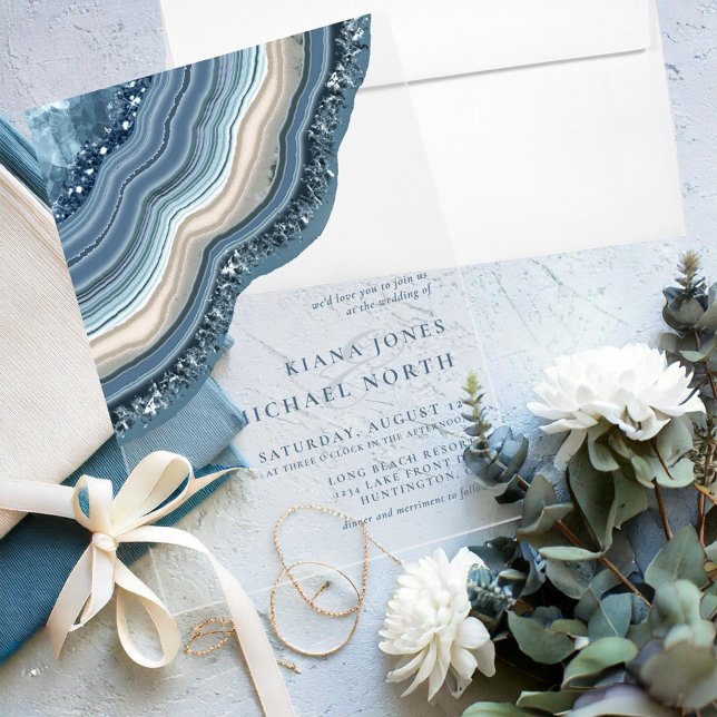 Agate Geode Glitter Wedding Dusty Blue ID647 Acrylic Invitations (Creator Uploaded)