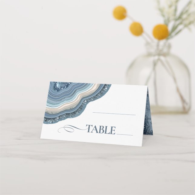 Agate Geode Glitter Wedding Table Dusty Blue ID647 Place Card (Front)
