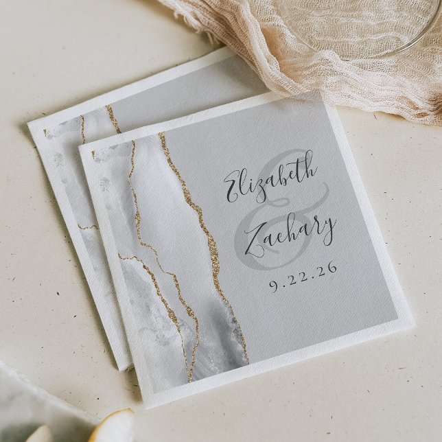 Agate Geode Light Gray White Gold Script Wedding Napkin (Creator Uploaded)