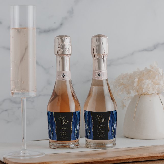 Agate Geode Navy Blue Gold Dark Save the Date Sparkling Wine Label (Creator Uploaded)