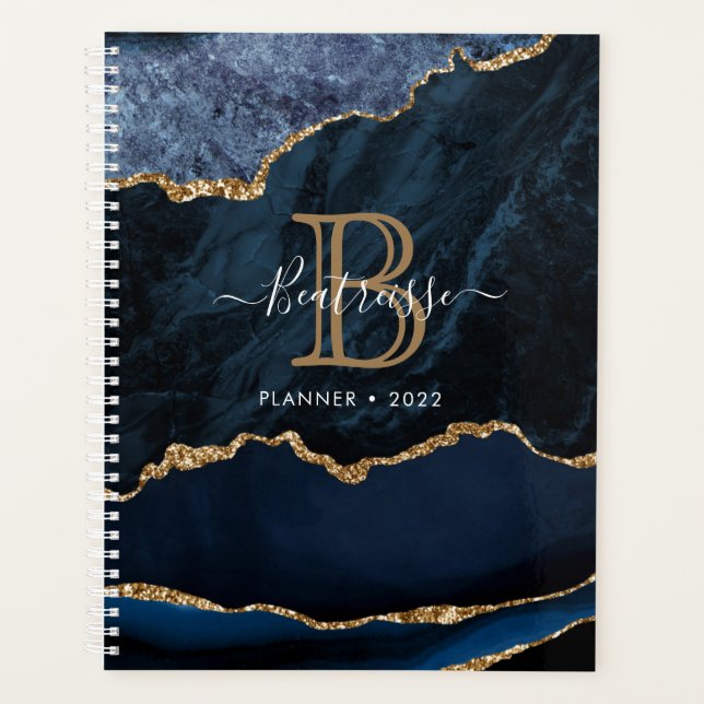 Agate Geode Navy Blue Gold Glitter Monogram Planner (Front)