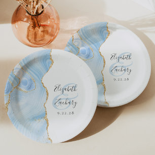 Agate Geode Script Baby Blue Gold Wedding Paper Plate