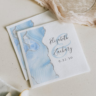 Agate Geode Script Baby Blue Silver Wedding Napkin