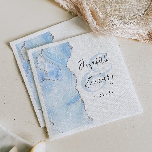Agate Geode Script Baby Blue Silver Wedding Napkin (Creator Uploaded)