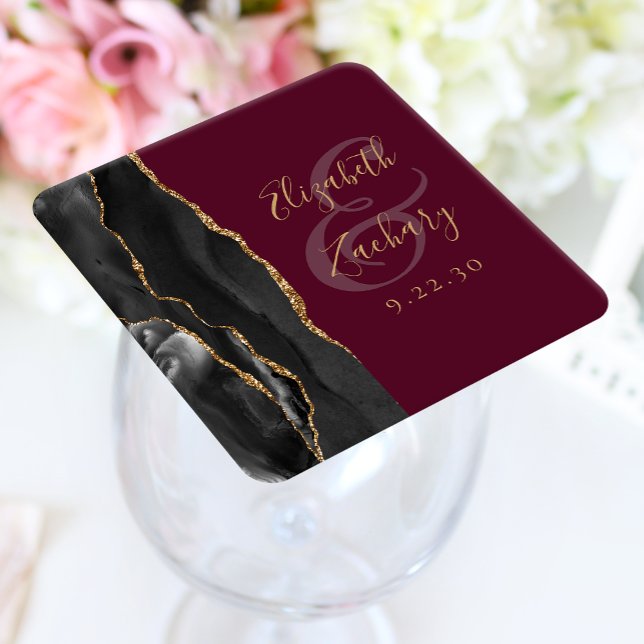 Agate Geode Script Black Gold Burgundy Wedding Square Paper Coaster (Creator Uploaded)