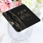 Agate Geode Script Black Gold Dark Wedding Square Paper Coaster<br><div class="desc">This elegant modern wedding coaster features a black watercolor agate geode design trimmed with faux gold glitter. Easily customize the gold coloured text on an off-black background,  with the names of the bride and groom in handwriting calligraphy over a large grey ampersand.</div>