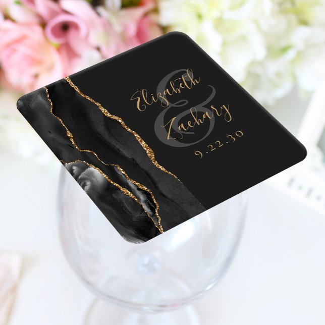 Agate Geode Script Black Gold Dark Wedding Square Paper Coaster (Creator Uploaded)