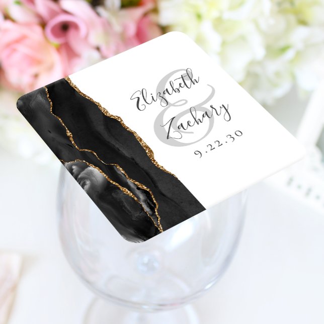 Agate Geode Script Black Gold Wedding Square Paper Coaster (Creator Uploaded)