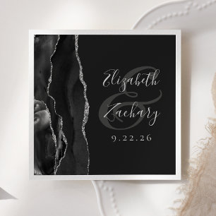 Agate Geode Script Black Silver Dark Wedding Napkin