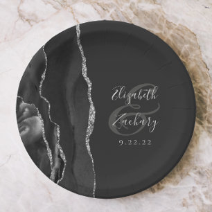 Agate Geode Script Black Silver Dark Wedding Paper Plate