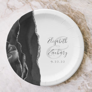 Agate Geode Script Black Silver Wedding Paper Plate