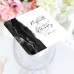 Agate Geode Script Black Silver Wedding Square Paper Coaster<br><div class="desc">This elegant modern wedding coaster features a black watercolor agate geode design trimmed with faux silver glitter. Easily customize the charcoal grey text on a white background,  with the names of the bride and groom in handwriting calligraphy over a large,  light grey ampersand.</div>