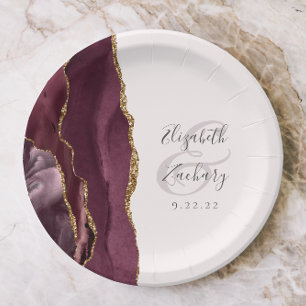 Agate Geode Script Burgundy Gold Blush Paper Plate