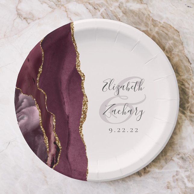 Agate Geode Script Burgundy Gold Blush Paper Plate (Creator Uploaded)
