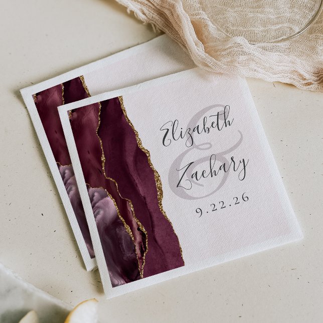 Agate Geode Script Burgundy Gold Blush Wedding Napkin (Creator Uploaded)