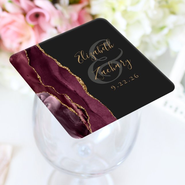 Agate Geode Script Burgundy Gold Dark Wedding Square Paper Coaster (Creator Uploaded)