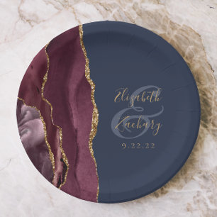 Agate Geode Script Burgundy Gold Navy Blue Paper Plate