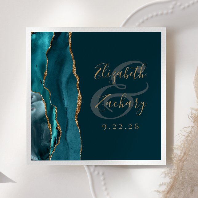 Agate Geode Script Dark Teal Gold Wedding Napkin (Creator Uploaded)