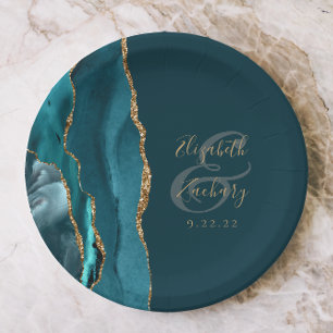 Agate Geode Script Dark Teal Gold Wedding Paper Plate