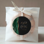 Agate Geode Script Emerald Green Gold Dark Wedding Classic Round Sticker<br><div class="desc">This elegant modern wedding sticker features an emerald green watercolor agate geode design trimmed with faux gold glitter. Easily customize the gold-coloured text on an off-black background,  with the names of the bride and groom in handwriting calligraphy over a large ampersand.</div>