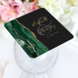 Agate Geode Script Emerald Green Gold Dark Wedding Square Paper Coaster<br><div class="desc">This elegant modern wedding coaster features an emerald green watercolor agate geode design trimmed with faux gold glitter. Easily customize the gold-coloured text on an off-black background,  with the names of the bride and groom in handwriting calligraphy over a large grey ampersand.</div>