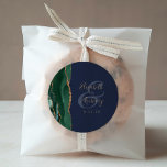Agate Geode Script Emerald Green Gold Navy Wedding Classic Round Sticker<br><div class="desc">This elegant modern wedding sticker features an emerald green watercolor agate geode design trimmed with faux gold glitter. Easily customize the gold-coloured text on a navy blue background,  with the names of the bride and groom in handwriting calligraphy over a large ampersand.</div>