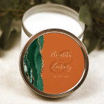 Agate Geode Script Emerald Green Gold Rust Wedding Classic Round Sticker<br><div class="desc">This elegant modern wedding sticker features an emerald green watercolor agate geode design trimmed with faux gold glitter. Easily customize the gold-coloured text on a burnt orange or rust background,  with the names of the bride and groom in handwriting calligraphy over a large ampersand.</div>