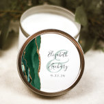 Agate Geode Script Emerald Green Gold Wedding Classic Round Sticker<br><div class="desc">This elegant modern wedding sticker features an emerald green watercolor agate geode design trimmed with faux gold glitter. Easily customize the charcoal grey text on a white background,  with the names of the bride and groom in handwriting calligraphy over a large green ampersand.</div>