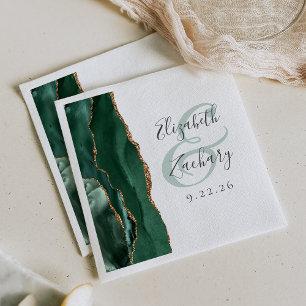 Agate Geode Script Emerald Green Gold Wedding Napkin
