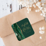 Agate Geode Script Emerald Green Gold Wedding Square Sticker<br><div class="desc">This elegant modern wedding sticker features an emerald green watercolor agate geode design trimmed with faux gold glitter. Easily customize the gold coloured text on a green background,  with the names of the bride and groom in whimsical handwriting calligraphy over a large ampersand.</div>