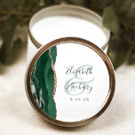 Agate Geode Script Emerald Green Rose Gold Wedding Classic Round Sticker<br><div class="desc">This elegant modern wedding sticker features an emerald green watercolor agate geode design trimmed with faux rose gold glitter. Easily customize the charcoal grey text on a white background,  with the names of the bride and groom in handwriting calligraphy over a large green ampersand.</div>