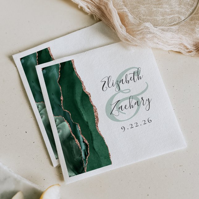 Agate Geode Script Emerald Green Rose Gold Wedding Napkin (Creator Uploaded)