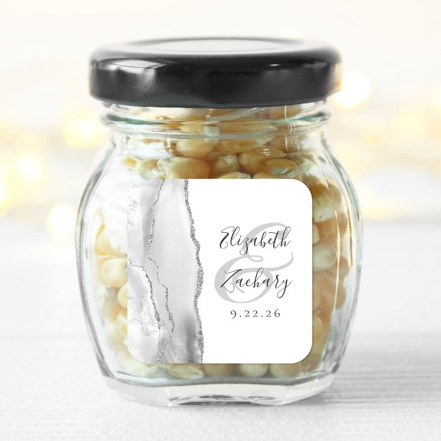 Agate Geode Script Grey Silver Wedding Square Sticker (Creator Uploaded)