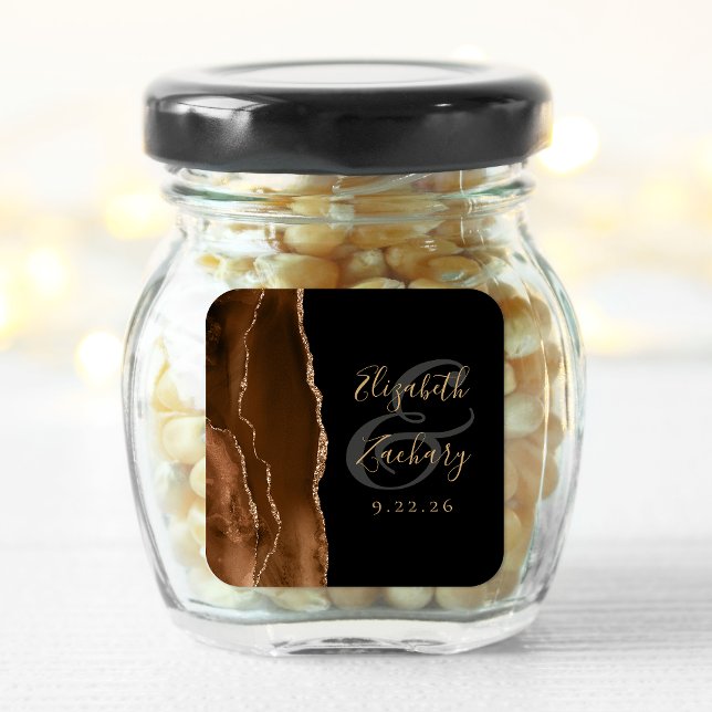 Agate Geode Script Mocha Brown Gold Black Wedding Square Sticker (Creator Uploaded)