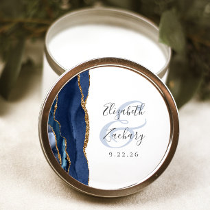 Agate Geode Script Navy Blue Gold Wedding Classic Round Sticker