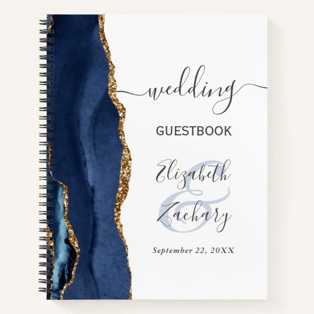Agate Geode Script Navy Blue Gold Wedding Guest Notebook (Front)