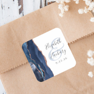 Agate Geode Script Navy Blue Rose Gold Wedding Square Sticker