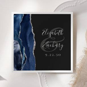 Agate Geode Script Navy Blue Silver Dark Wedding Napkin