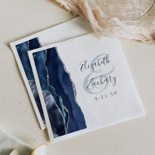 Agate Geode Script Navy Blue Silver Wedding Napkin