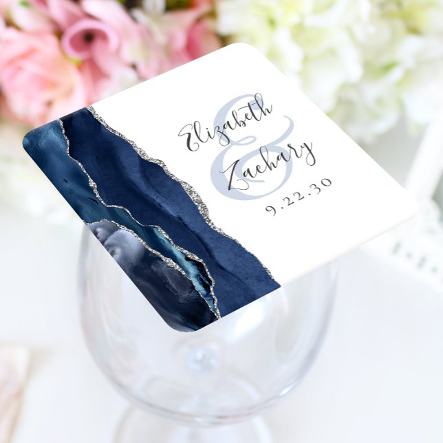 Agate Geode Script Navy Blue Silver Wedding Square Paper Coaster (Creator Uploaded)