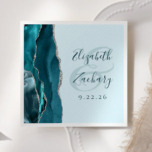 Agate Geode Script Pale Teal Silver Wedding Napkin