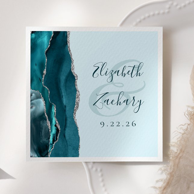 Agate Geode Script Pale Teal Silver Wedding Napkin (Creator Uploaded)