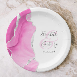 Agate Geode Script Pink Silver Wedding Paper Plate
