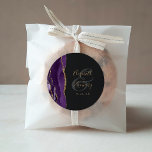 Agate Geode Script Purple Gold Dark Wedding Classic Round Sticker<br><div class="desc">This elegant modern wedding sticker features a purple watercolor agate geode design trimmed with faux gold glitter. Easily customize the gold-coloured text on an off-black background,  with the names of the bride and groom in handwriting calligraphy over a large ampersand.</div>