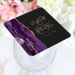 Agate Geode Script Purple Gold Dark Wedding Square Paper Coaster<br><div class="desc">This elegant modern wedding coaster features a purple watercolor agate design trimmed with faux gold glitter. Easily customize the gold coloured text on a charcoal grey background,  with the names of the bride and groom in handwriting calligraphy over a large,  medium grey ampersand.</div>